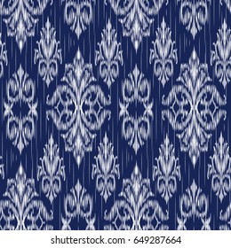 Blue Ikat Ogee and Damascus ornament Seamless Background Pattern In the style of the Tapestry. Abstract background for textile design, wallpaper, surface textures