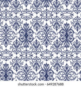 Blue Ikat Ogee and Damascus ornament Seamless Background Pattern In the style of the Tapestry. Abstract background for textile design, wallpaper, surface textures
