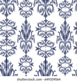 Blue Ikat Ogee and Damascus ornament Seamless Background Pattern In the style of the Tapestry. Abstract background for textile design, wallpaper, surface textures