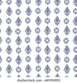 Blue Ikat Ogee and Damascus ornament Seamless Background Pattern In the style of the Tapestry. Abstract background for textile design, wallpaper, surface textures
