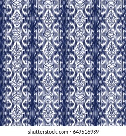 Blue Ikat Ogee and Damascus ornament Seamless Background Pattern In the style of the Tapestry. Abstract background for textile design, wallpaper, surface textures