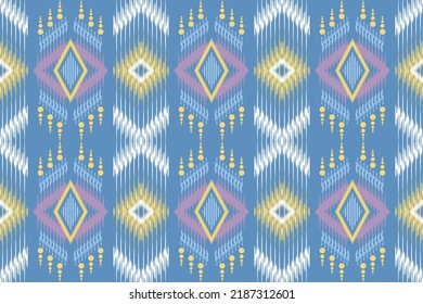 Miqueta azul. Patrón sin foco. Estilo azteca. tela de Ikat fondo tribal azteca. Borde popular, indio, escandinavo, gitano, mexicano, africano, tapicería.