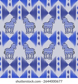Blue Ikat Seamless Pattern with Zebras. Modern Safari Tribal Design. Seamless tribal ikat pattern featuring zebras in cool blue tones. Design great for home decor, fabric prints, and fashion surfaces.