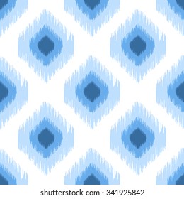 Blue ikat seamless vector pattern. Ogee rhombs geometric texture. Textile fabric design.