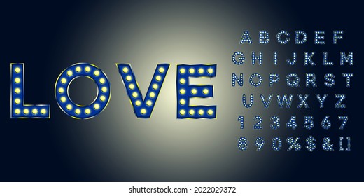 Blue illuminated bulb text. Vintage typography for theater or showtime movie design.