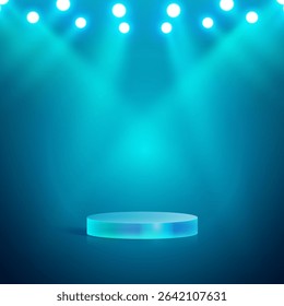 Blue illuminated stage background with glowing spotlights and empty round podium. Perfect for product display, award ceremony, presentation, advertisement, showcase, or futuristic design.