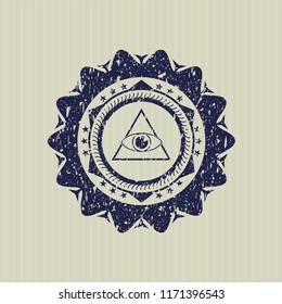 Blue illuminati pyramid icon inside distress rubber grunge texture seal
