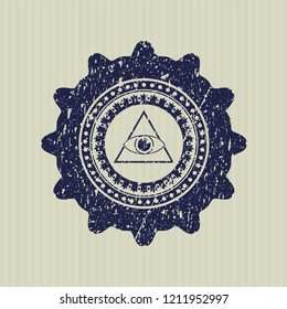 Blue illuminati pyramid icon inside rubber stamp with grunge texture