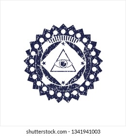 Blue illuminati pyramid icon inside grunge style stamp