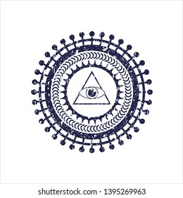 Blue illuminati pyramid icon inside rubber texture