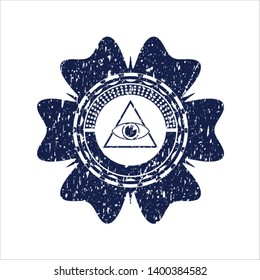 Blue illuminati pyramid icon inside grunge seal