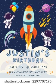 Blue Illustrated Space Birthday Invitation: Rocket and astronauts!