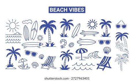 Blaue Illustration von Strandelementen, einschließlich Palmen, Wellen, Surfbrettern und Sonnenbrillen