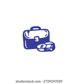 Una ilustración azul de un maletín junto a una grapadora.