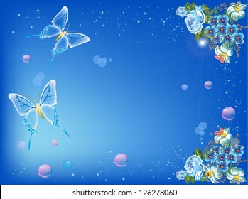 blue illustration with butterflies and flowers