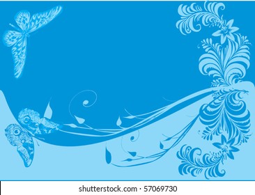 blue illustration with butterflies and flowers