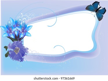 blue illustration with butterflies and flowers