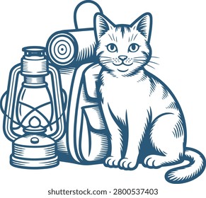 A blue illustration of a curious cat sitting next to a lantern and backpack, with detailed lines and shading, on a clean white background