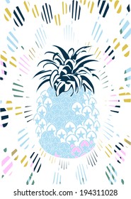 blue illustration designed a pineapple, a pineapple silhouette with stars have been studied in detail and different textures in the background.