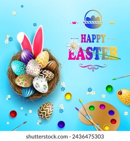 Blue illustration with Easter eggs in a nest, rabbit ears, a palette of colorful colors.