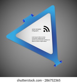 Blue Illustration infographic with shape of triangle with rounded corners and with four folded overlapped parts which ends in pockets in background. In front is next white paper triangle. 