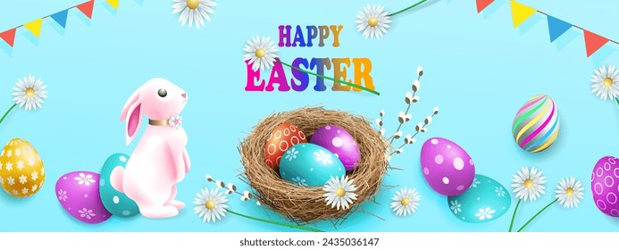 Blue illustration with nest, Easter eggs and cute bunny.