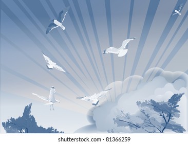 blue illustration with seagulls and trees