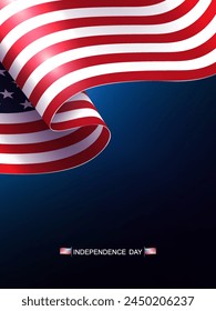 Blue illustration with silhouette of waving flag of America, independence day.