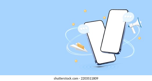 Blue illustration with two 3D mobile phone with blank screen, communication bubbles, mouthpiece, paper plane with envelope - concept of notification, letter, email, chat room, messenger app. 3D mockup