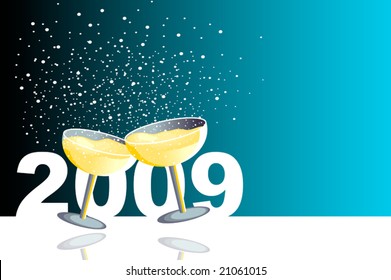 Blue illustration with two glasses of champagne in a new year celebration.