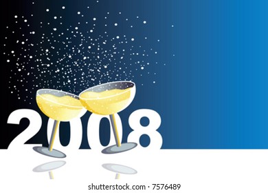 Blue illustration with two glasses of champagne in a new year celebration.