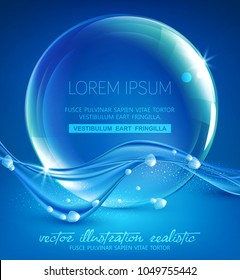 Ilustración azul. Fondo abstracto vectorial con ondas y burbujas. Plantilla para tarjeta, portada, volantes, folletos. Elemento de diseño, publicidad, promoción 