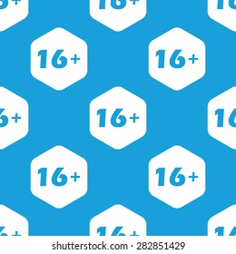 Blue image of age restriction 16 plus in white hexagon, repeated on blue