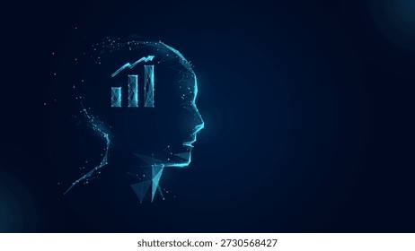 Imagen azul de una cabeza de IA con un cerebro y un gráfico de acciones. Abstractas diseño de sensación futurista de polígono bajo y estructura de alambre
