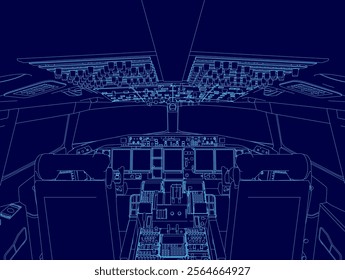 Blue image of an airplane cockpit. The cockpit is shown in a very detailed and realistic way, with the controls and instruments clearly visible. Concept of precision and professionalism