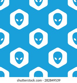 Blue image of alien face in white hexagon, repeated on blue