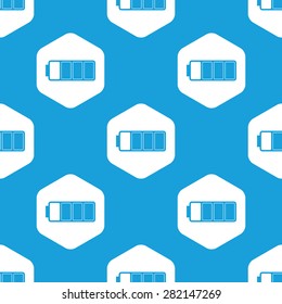Blue image of almost full battery in white hexagon, repeated on blue