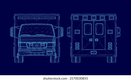 Blue image of an ambulance. The front of the ambulance is shown in detail, while the back is shown in a more abstract way. Concept of motion and action