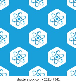 Blue image of atom in white hexagon, repeated on blue