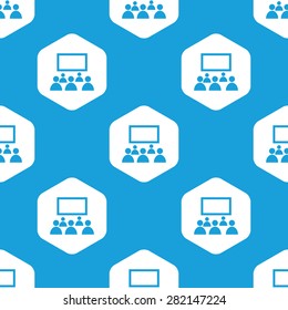 Blue image of audience in front of screen in white hexagon, repeated on blue