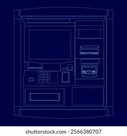 Blue image of a bank teller machine. The machine has a blue color scheme and is shown