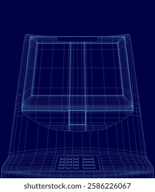 A blue image of a Bank terminal. The image is in blue and has a futuristic feel to it. Front view