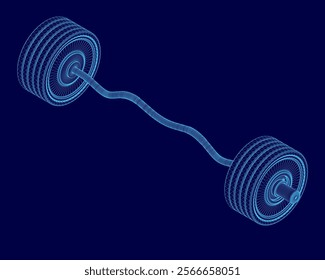 Blue image of a barbell with a blue background. The barbell is shown in a 3D, with the weight plates visible. Concept of strength and fitness