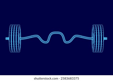 A blue image of a barbell wireframe. Concept of power and determination, as the barbell is a symbol of physical strength and endurance