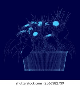 Blue image of a basket filled with flowers. The basket is placed on a blue background, creating a serene and calming atmosphere