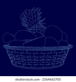 Blue image of a basket of fruit, including apples, oranges, and bananas. The basket is filled with a variety of fruits, and the image is in a blue color scheme