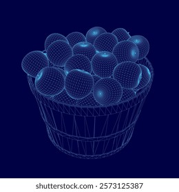 Blue image of a basket full of fruit. The fruit is shown in a 3D format, with each piece of fruit appearing to be a small sphere. The basket is filled with a variety of fruits