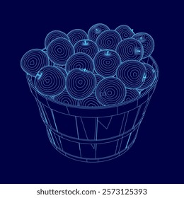 Blue image of a basket full of fruit. The fruit is shown in a stylized way, with each piece of fruit appearing as a circle. The basket is filled with a variety of fruits, including apples