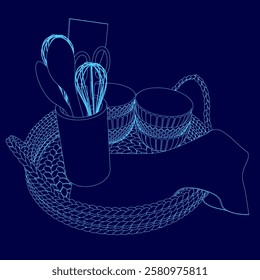 A blue image of a basket with kitchen utensils and a cloth. The utensils include a spoon, a spatula, and a whisk. The basket is placed on a table, and the cloth is draped over it