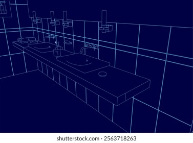 Blue image of a bathroom with a sink and a toilet. The sink is in the middle of the image and the toilet is on the right side. The image is in blue and has a very clean